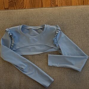 Oh La La Dance Dance Wear, Light Blue Ruffle Sleeve Cropped Long Sleeve Top